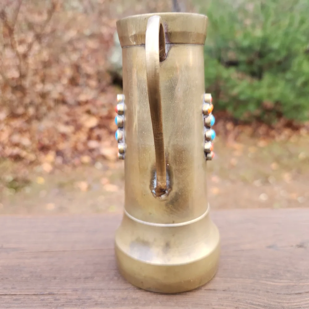 Vintage Brass Pitcher with Turquoise, Red And Black Stones